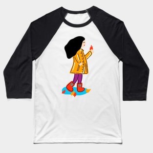 Lovely Autumn Girl With Rain Coat, Boots And Fall Leaves (Light Skin Tone) Baseball T-Shirt